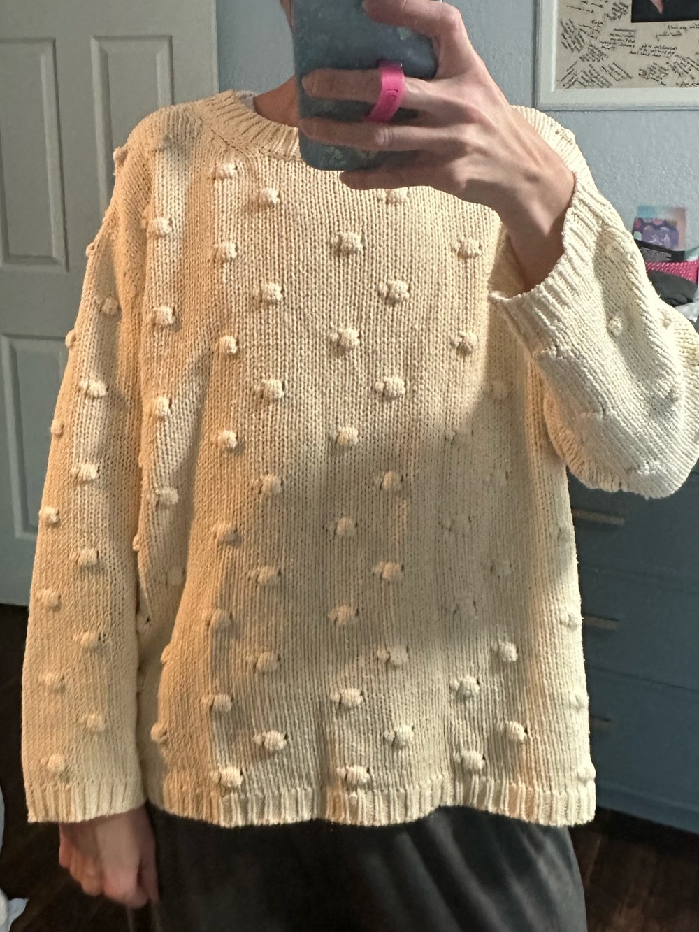 Flamingo Cream Bobble Knit Sweater Large Cozy Textured Pom Pom Pullover